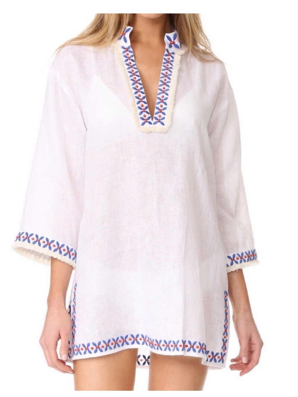 Tory Burch White Tunic with Blue Leaf & Red Dot Embroidery